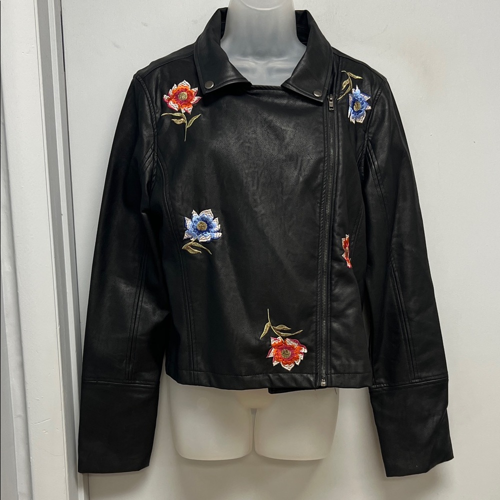 Blu Pepper Embroidered Black Faux Leather Moto Jacket | Size L
